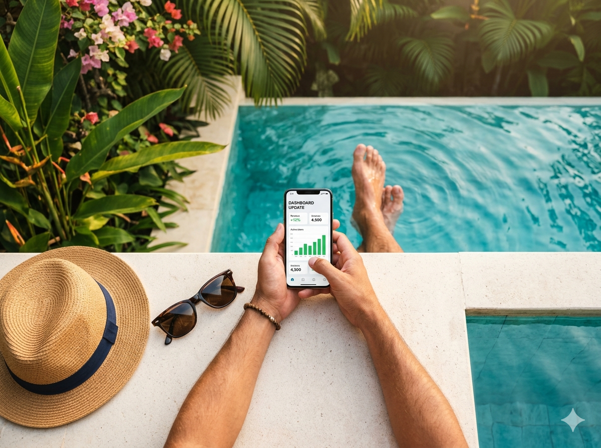Property owner checking business from the pool